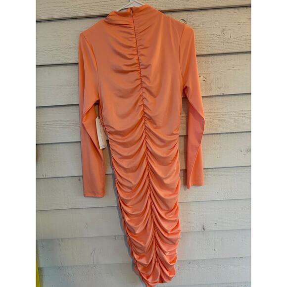 Almost Famous Ruched Bodycon Mini Dress Coral Orange Long Sleeve NWT Size L - Picture 7 of 7